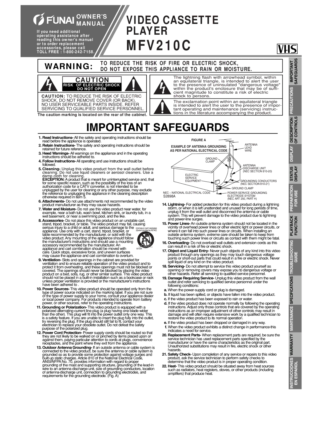 FUNAI MFV210C warranty Safeguards, Description Controls, Status Display, Playback Function, Warranty 