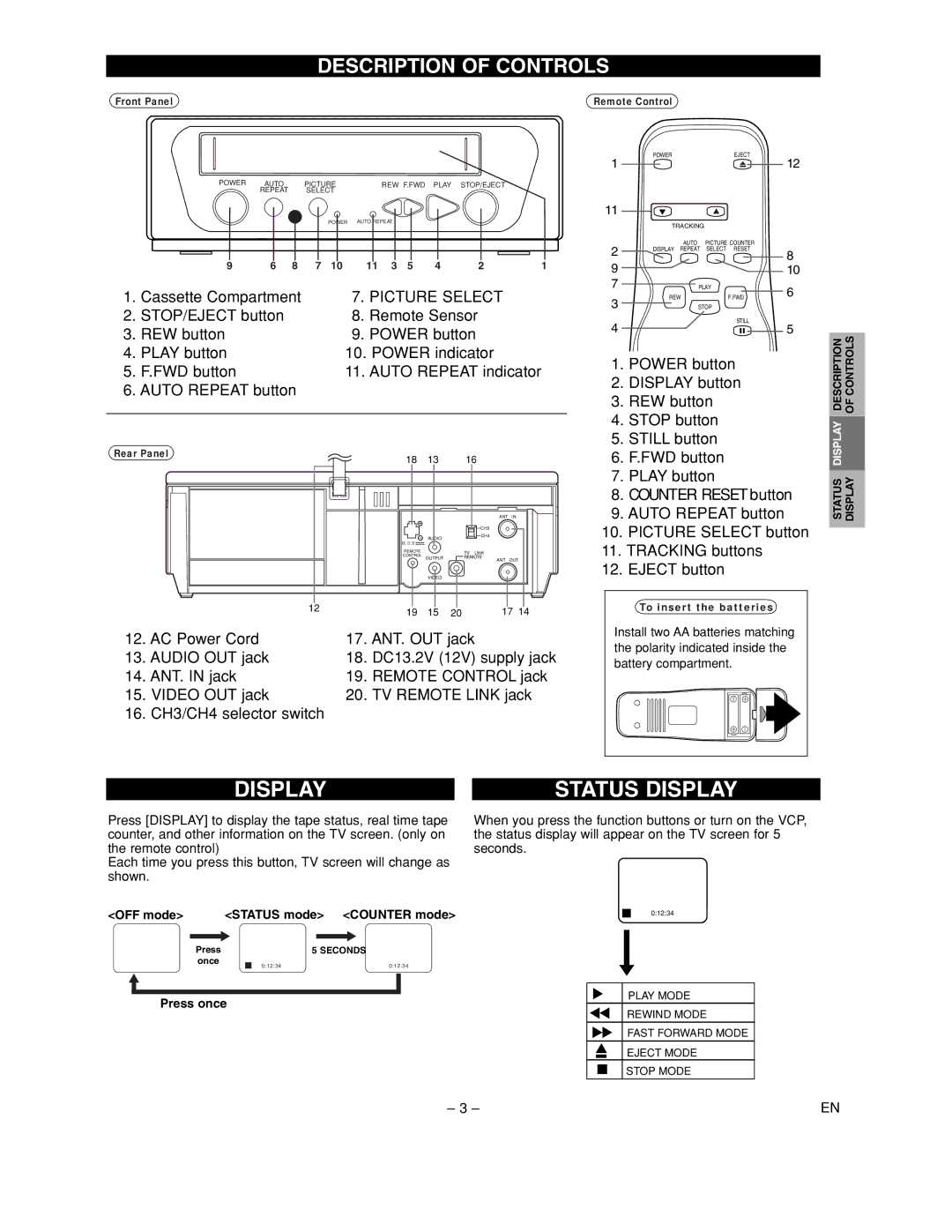 FUNAI MFV210C warranty Display, Description of Controls 