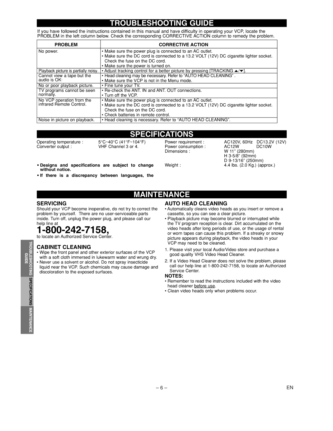 FUNAI MFV210C warranty Troubleshooting Guide, Specifications, Maintenance 