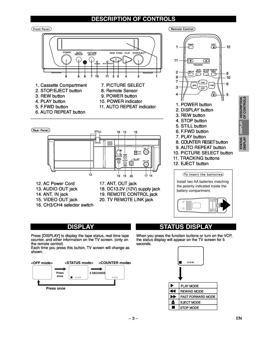 FUNAI MFV210C warranty Status Display, Description Of Controls 