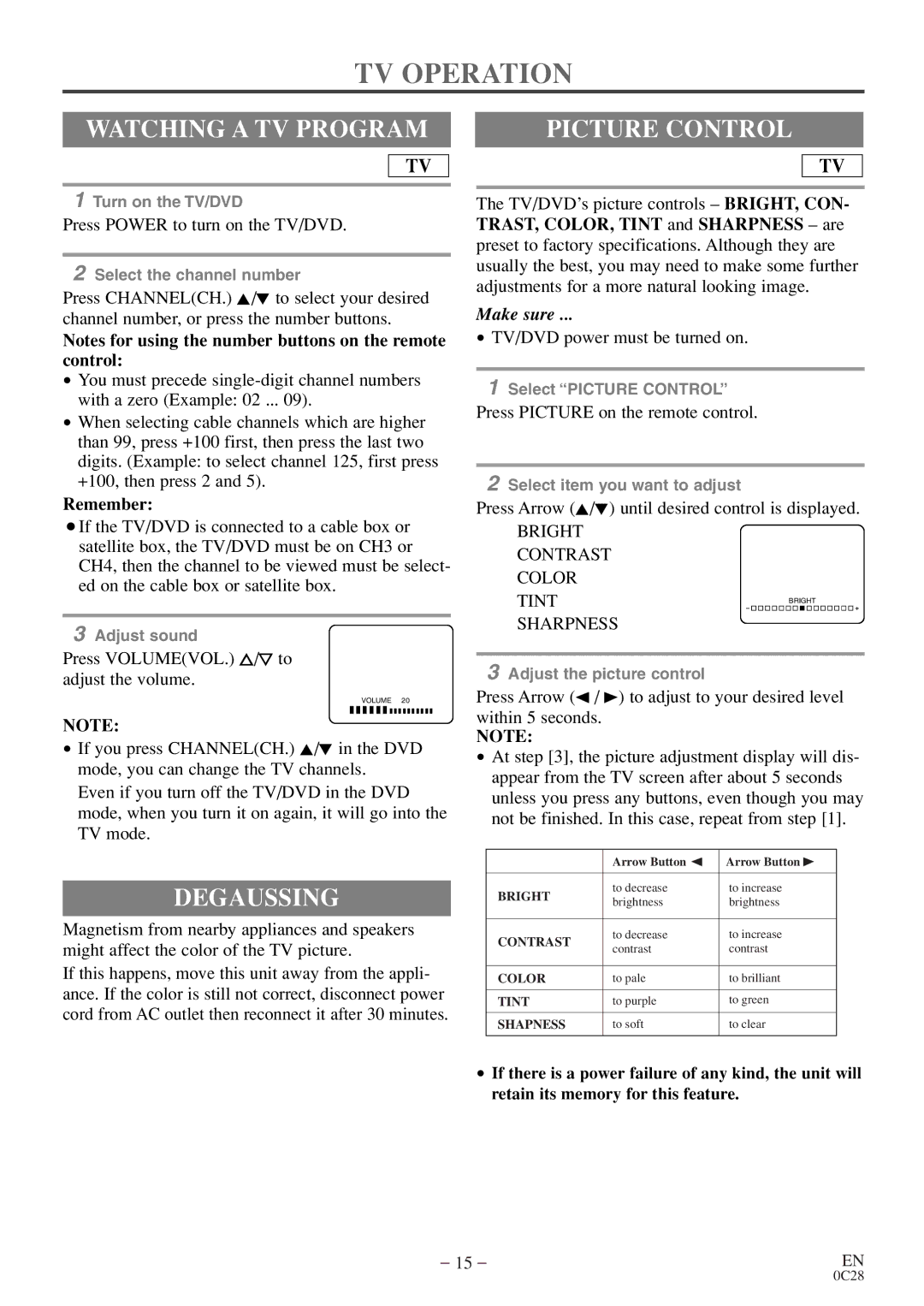 FUNAI MGD134 owner manual TV Operation, Watching a TV Program, Degaussing, Picture Control 