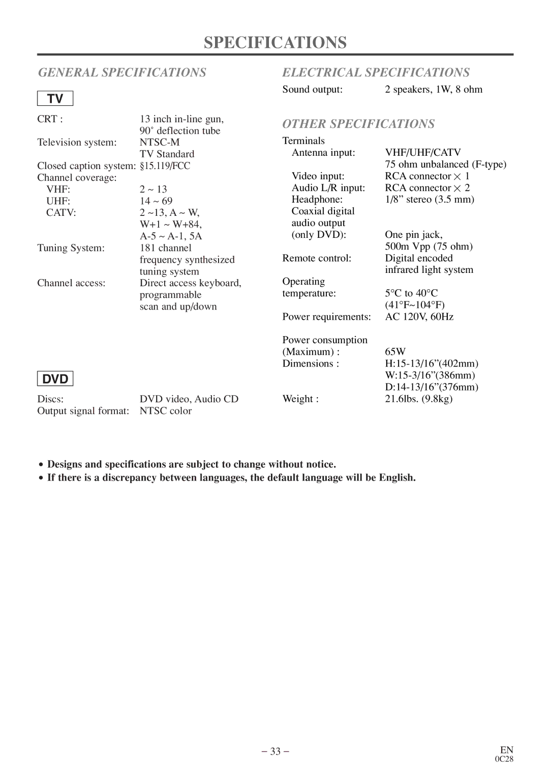 FUNAI MGD134 owner manual General Specifications, Electrical Specifications, Other Specifications 