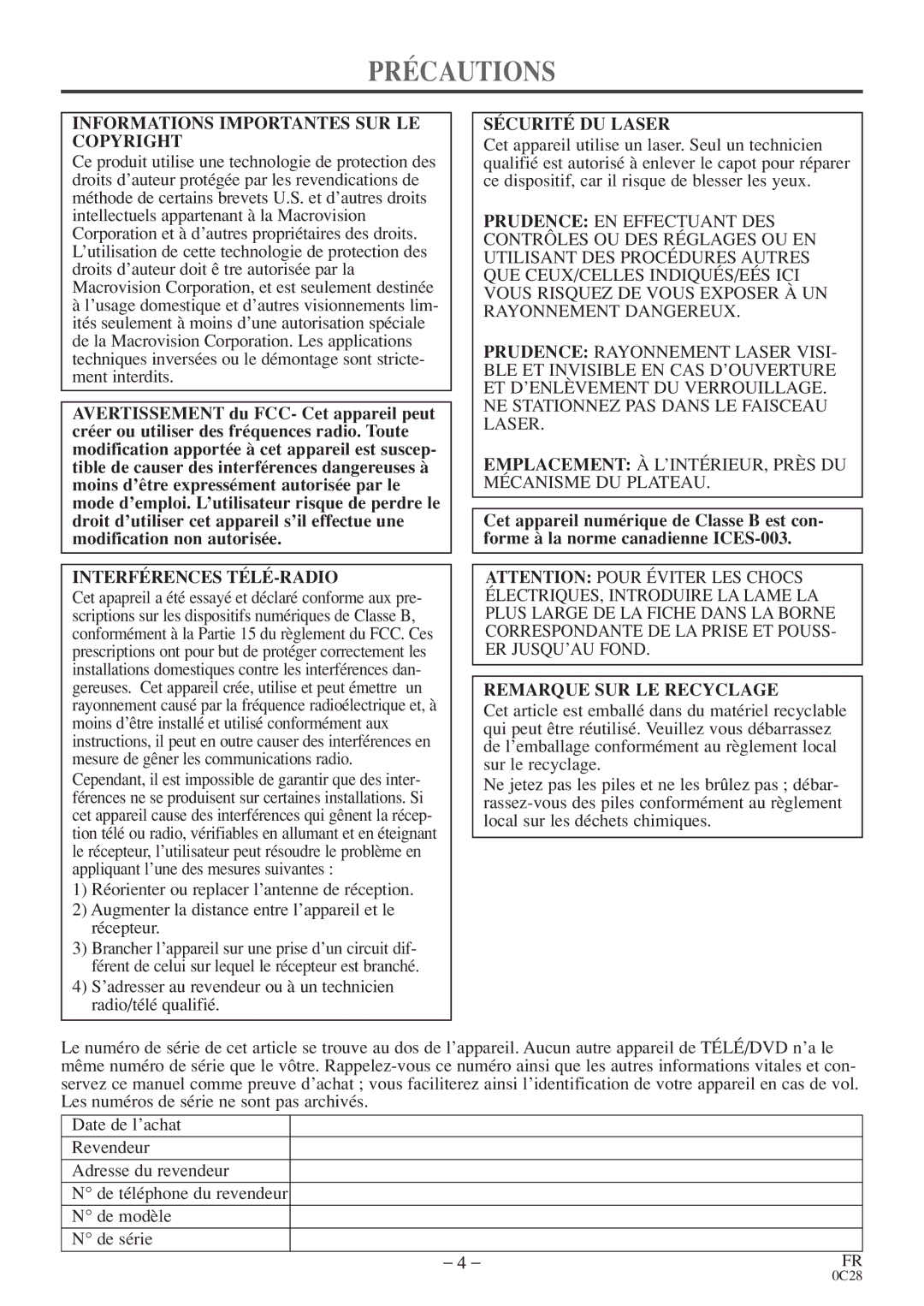 FUNAI MGD134 Précautions, Informations Importantes SUR LE Copyright, Interférences TÉLÉ-RADIO, Sécurité DU Laser 