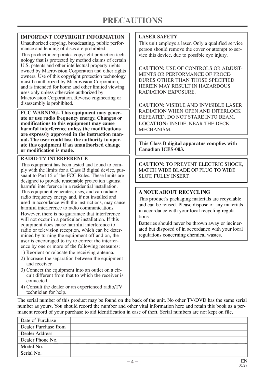 FUNAI MGD134 owner manual Precautions, Important Copyright Information, RADIO-TV Interference, Laser Safety 