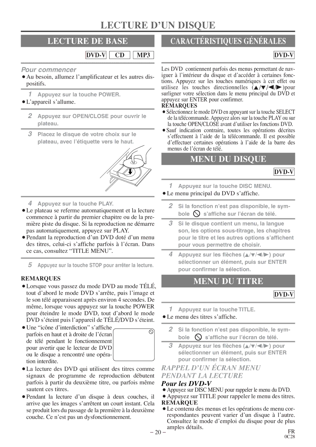 FUNAI MGD134 owner manual Lecture D’UN Disque, Lecture DE Base, Menu DU Disque, Menu DU Titre 