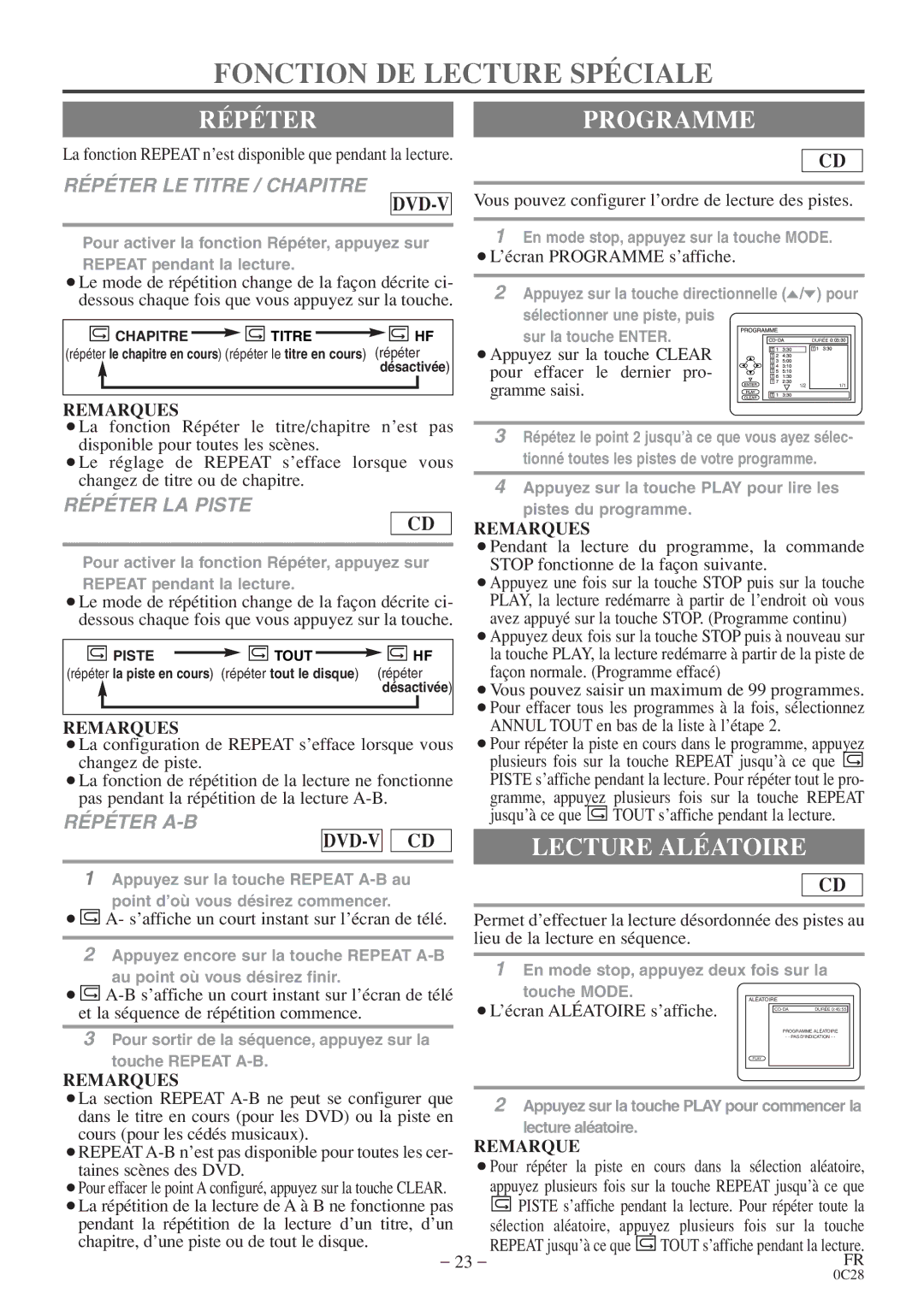 FUNAI MGD134 owner manual Fonction DE Lecture Spéciale, Répéterprogramme, Lecture Aléatoire 