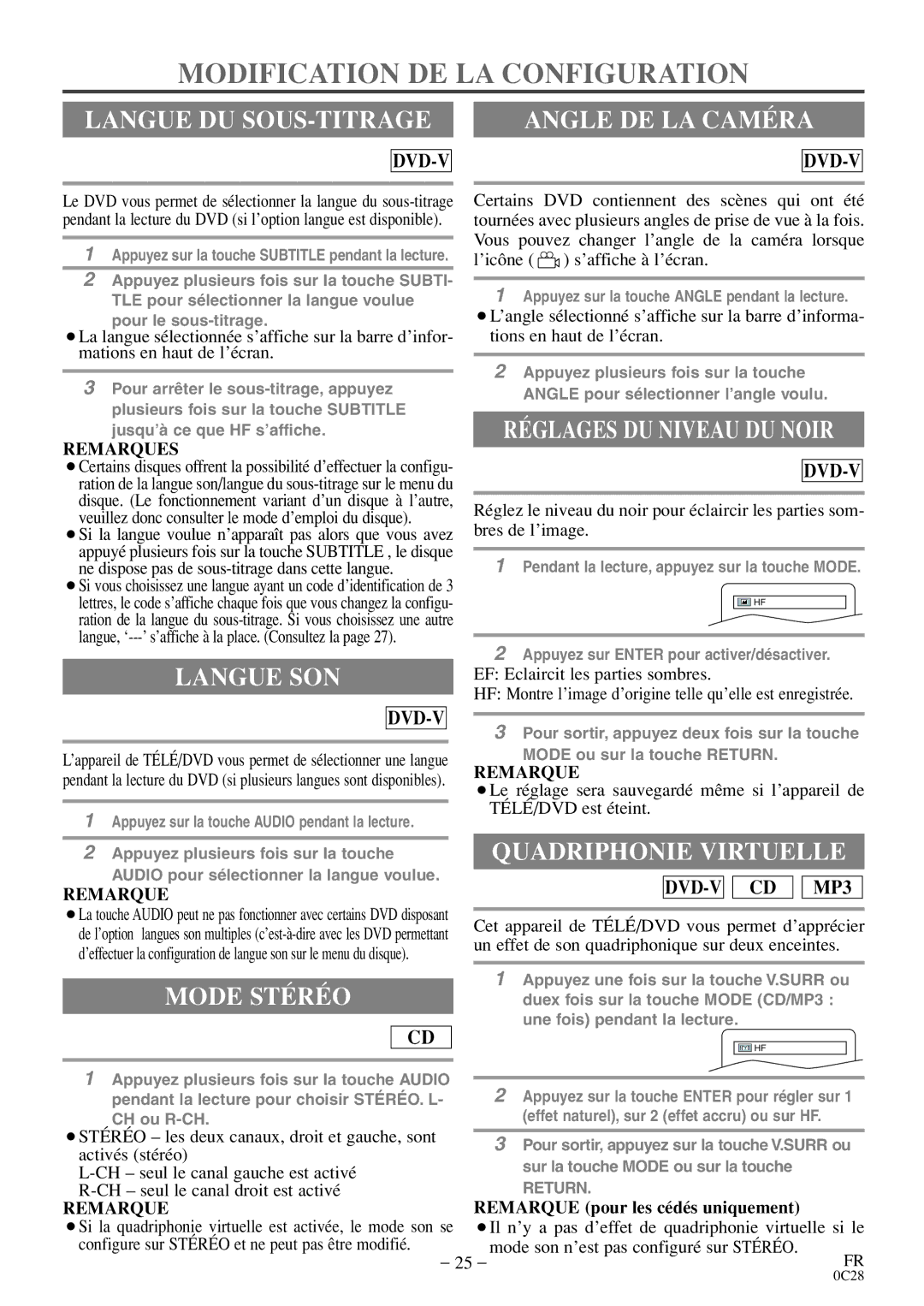 FUNAI MGD134 owner manual Modification DE LA Configuration 