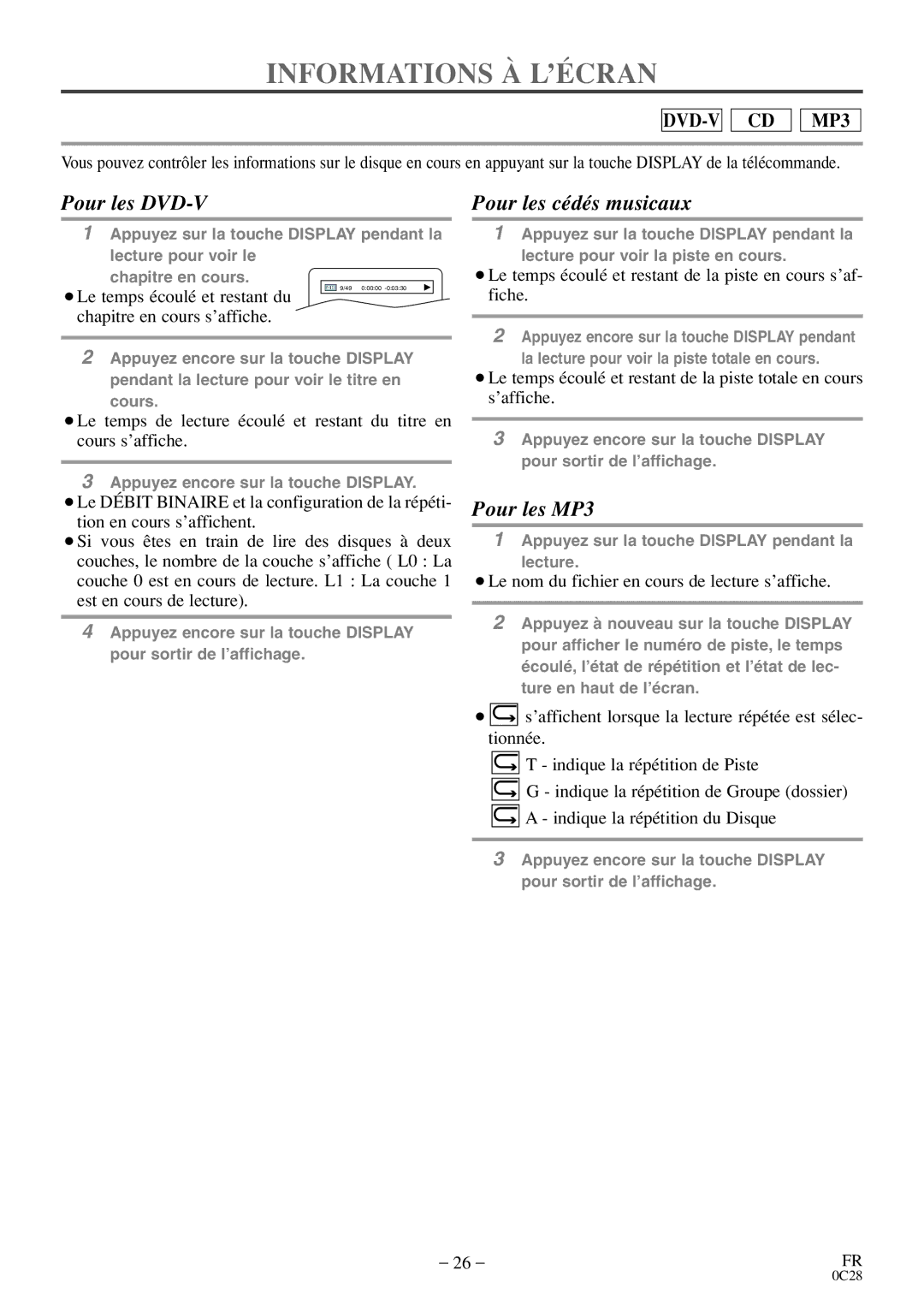 FUNAI MGD134 owner manual Informations À L’ÉCRAN, Fiche, ¡Le nom du fichier en cours de lecture s’affiche 