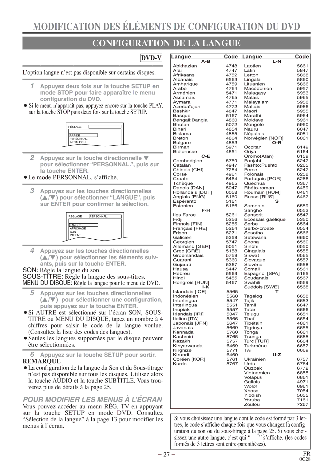 FUNAI MGD134 owner manual Configuration DE LA Langue, ¡Le mode PERSONNAL. s’affiche 