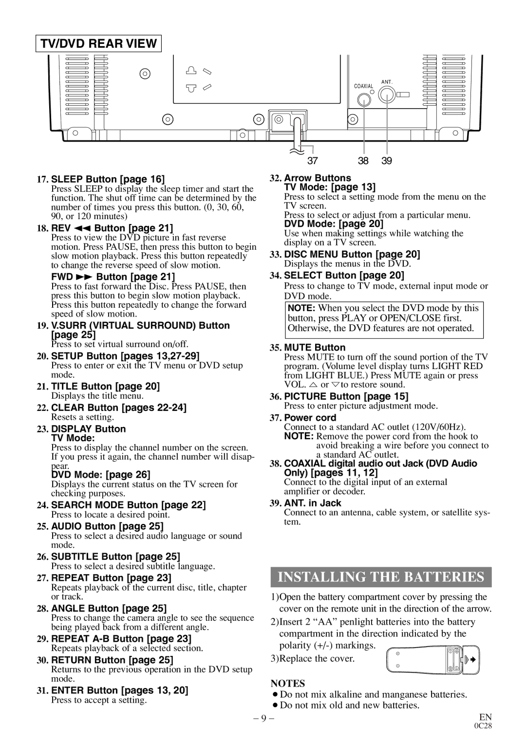 FUNAI MGD134 owner manual Installing the Batteries 