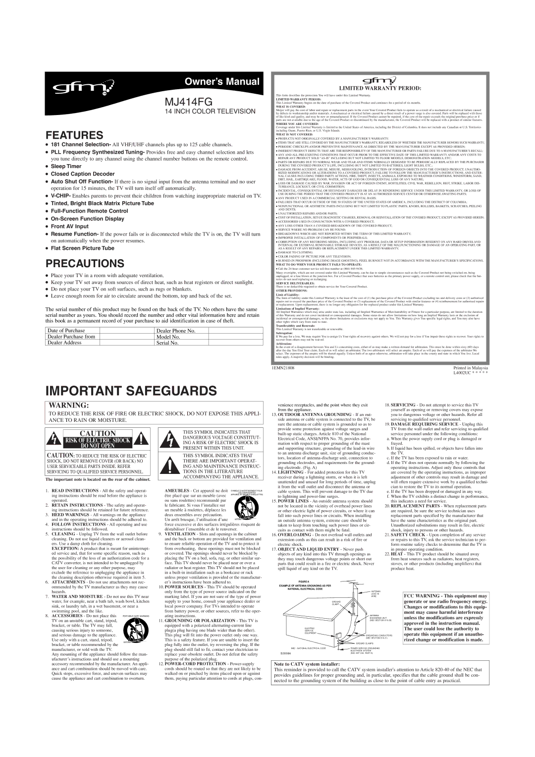 FUNAI MJ414FG owner manual Features, Precautions, Sleep Timer Closed Caption Decoder, Flat Screen Picture Tube 