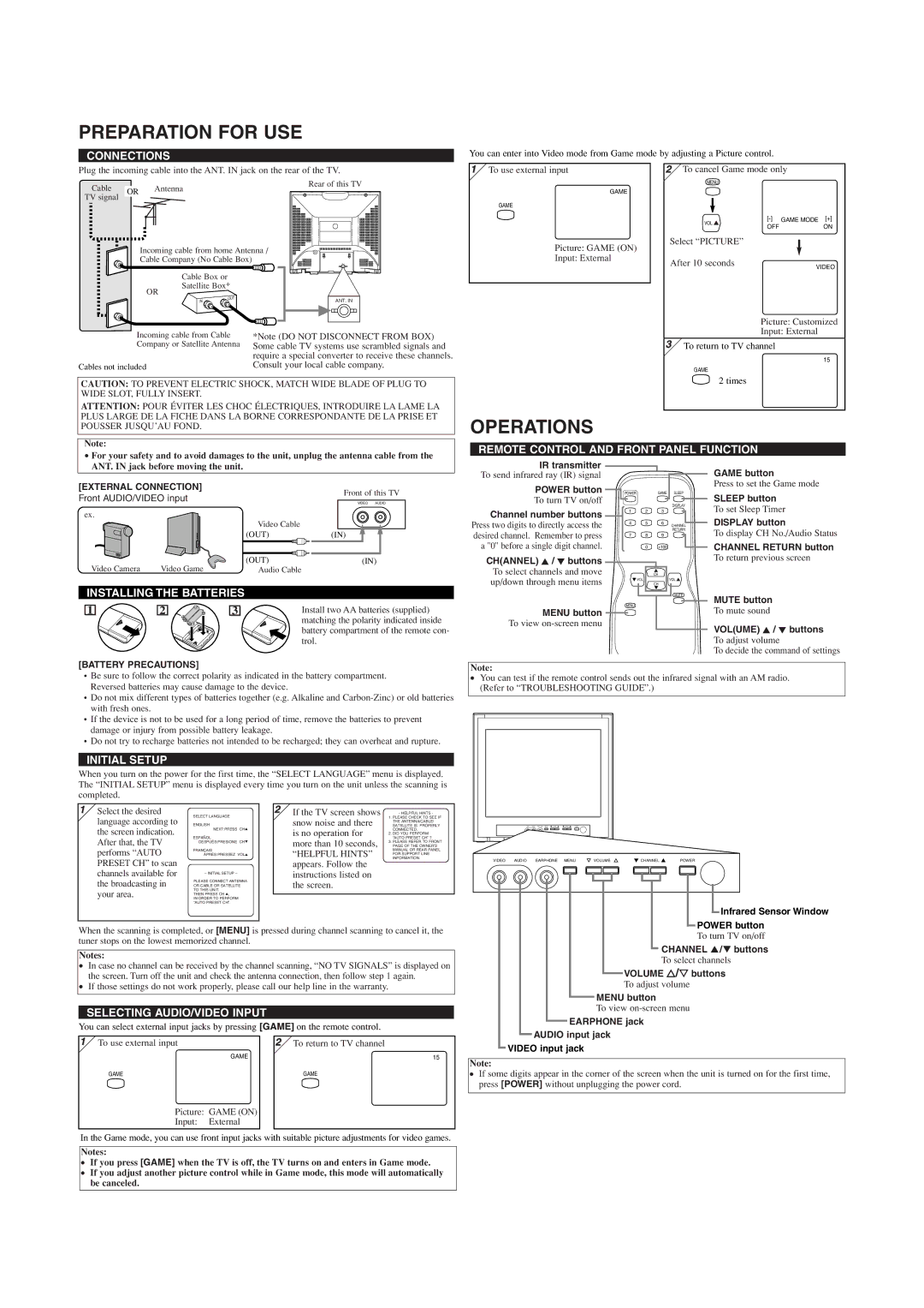 FUNAI MJ414FG owner manual Preparation for USE, Operations 