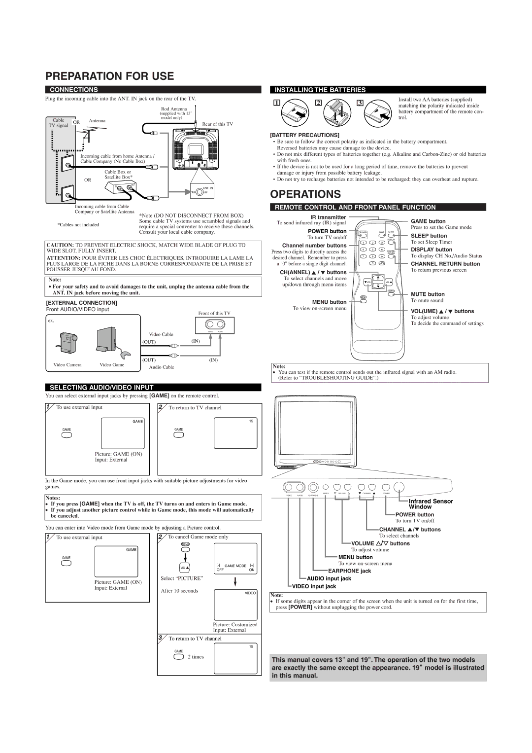 FUNAI MJ419TG, MJ413TG, MJ413TG, MJ419TG owner manual Preparation for USE, Operations 