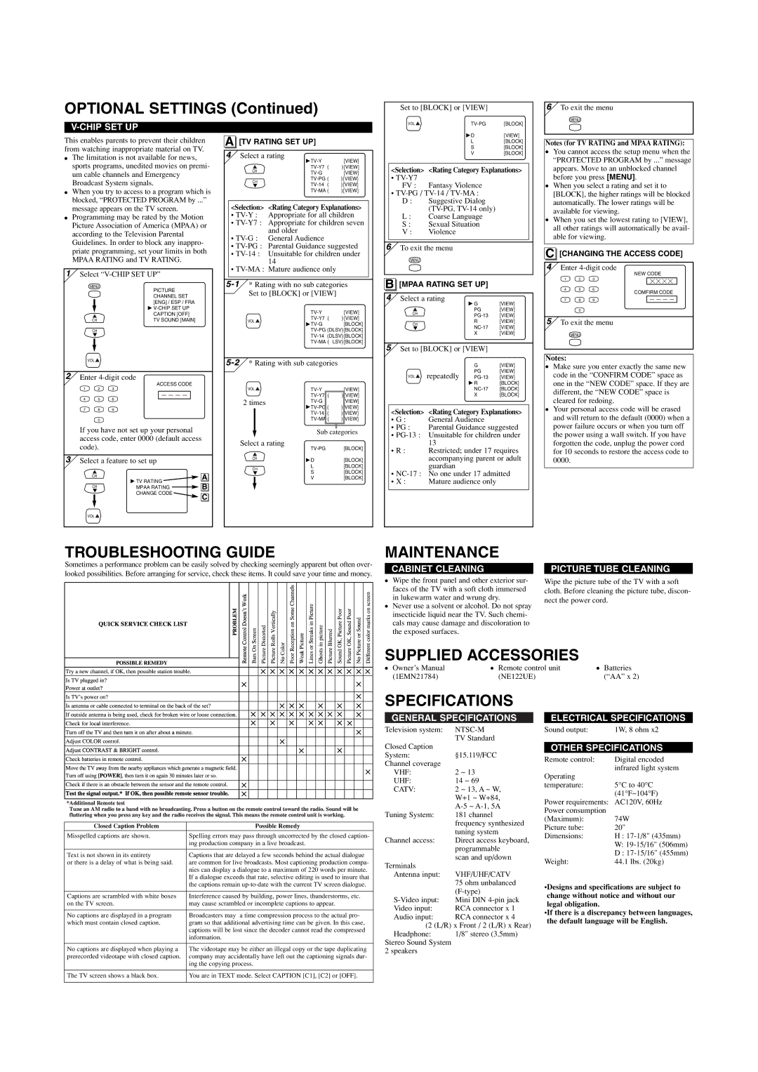 FUNAI MJ420FG owner manual Troubleshooting Guide, Maintenance, Supplied Accessories, Specifications 