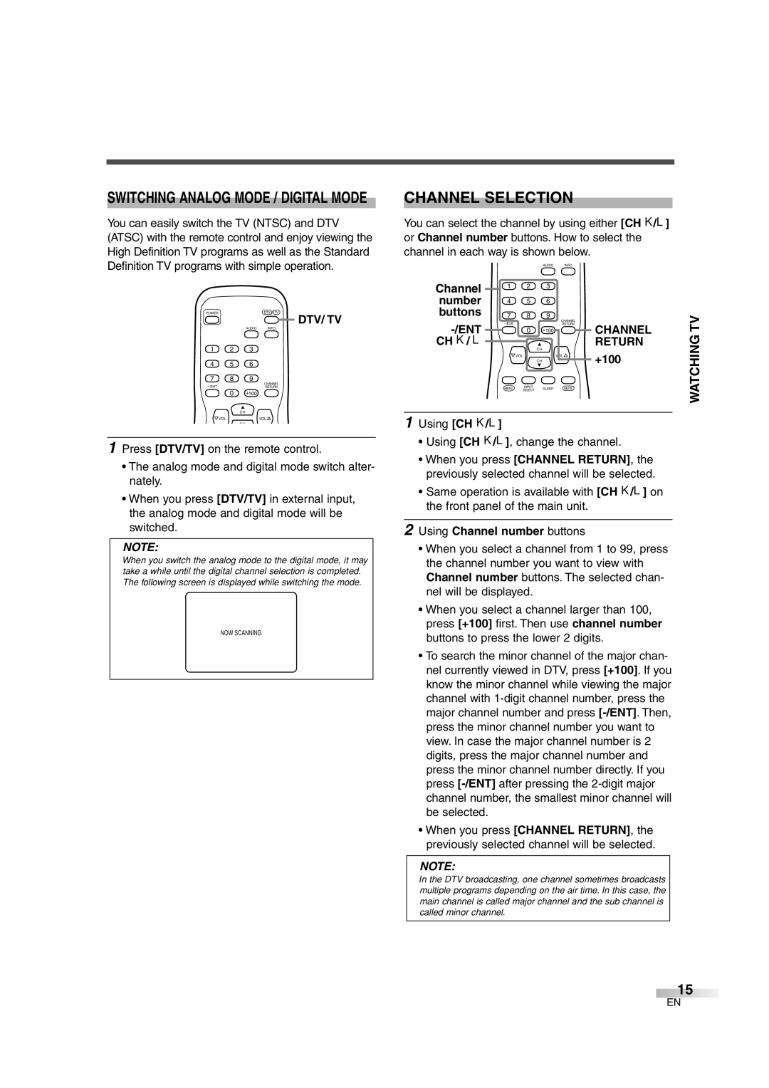 FUNAI MJ427GG manual Channel Selection, Watching TV, Dtv/ Tv, Return 