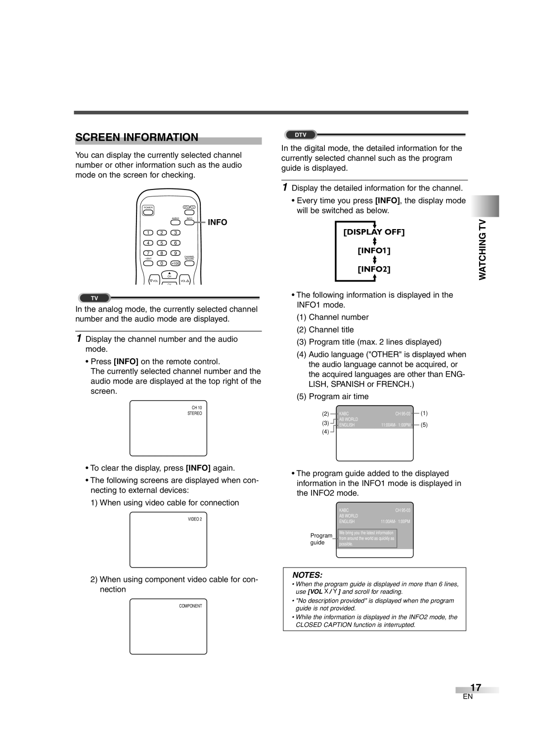 FUNAI MJ427GG manual Screen Information, Program air time, When using component video cable for con- nection 