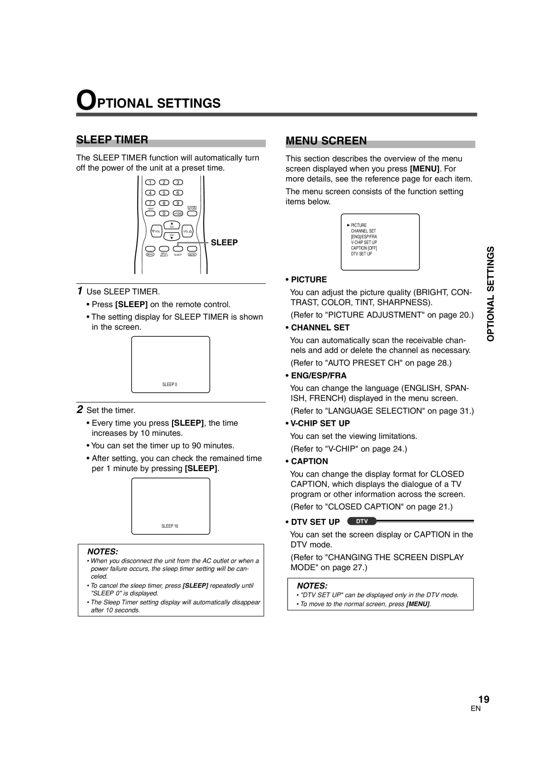 FUNAI MJ427GG manual Optional Settings, Sleep Timer, Menu Screen 