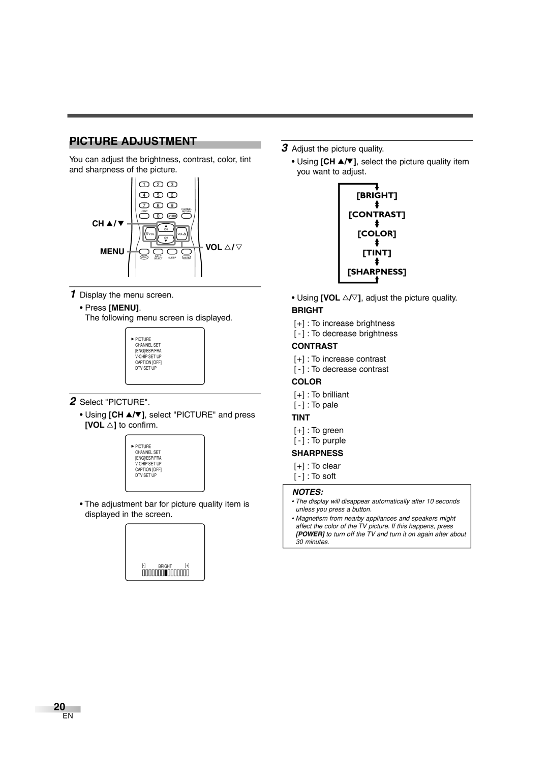 FUNAI MJ427GG manual Picture Adjustment 