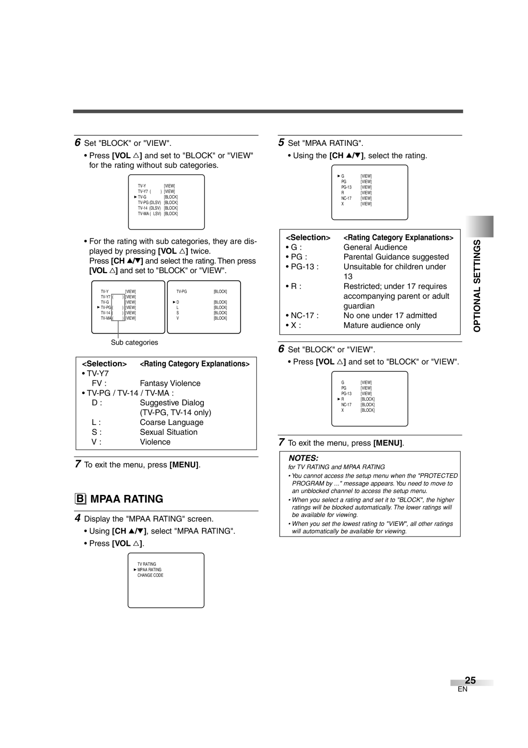 FUNAI MJ427GG manual Set Mpaa Rating Using the CH K/L, select the rating 