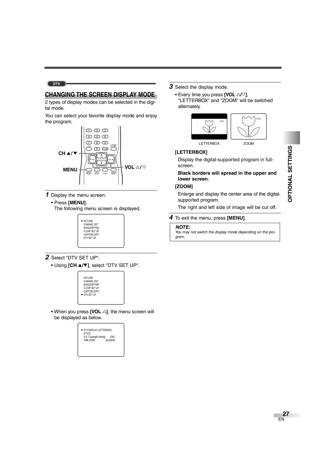 FUNAI MJ427GG manual Optional, Letterbox, Black borders will spread in the upper, Lower screen, Zoom 