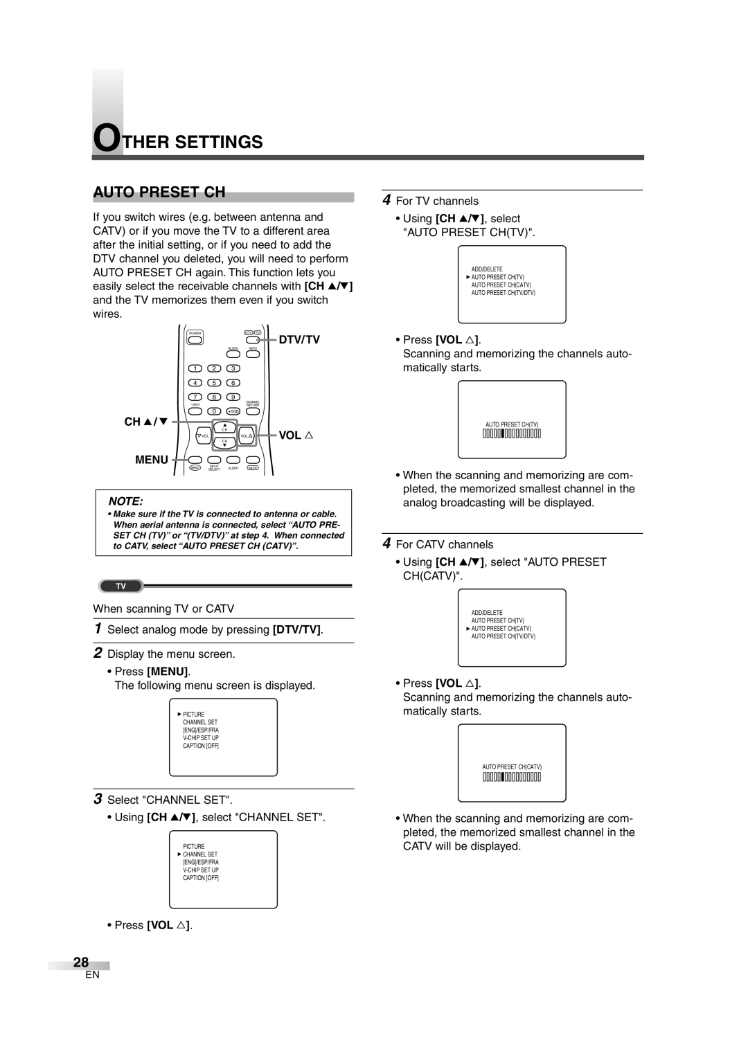 FUNAI MJ427GG manual Other Settings, Auto Preset CH, Dtv/Tv, For TV channels Using CH K/L, select Auto Preset Chtv 