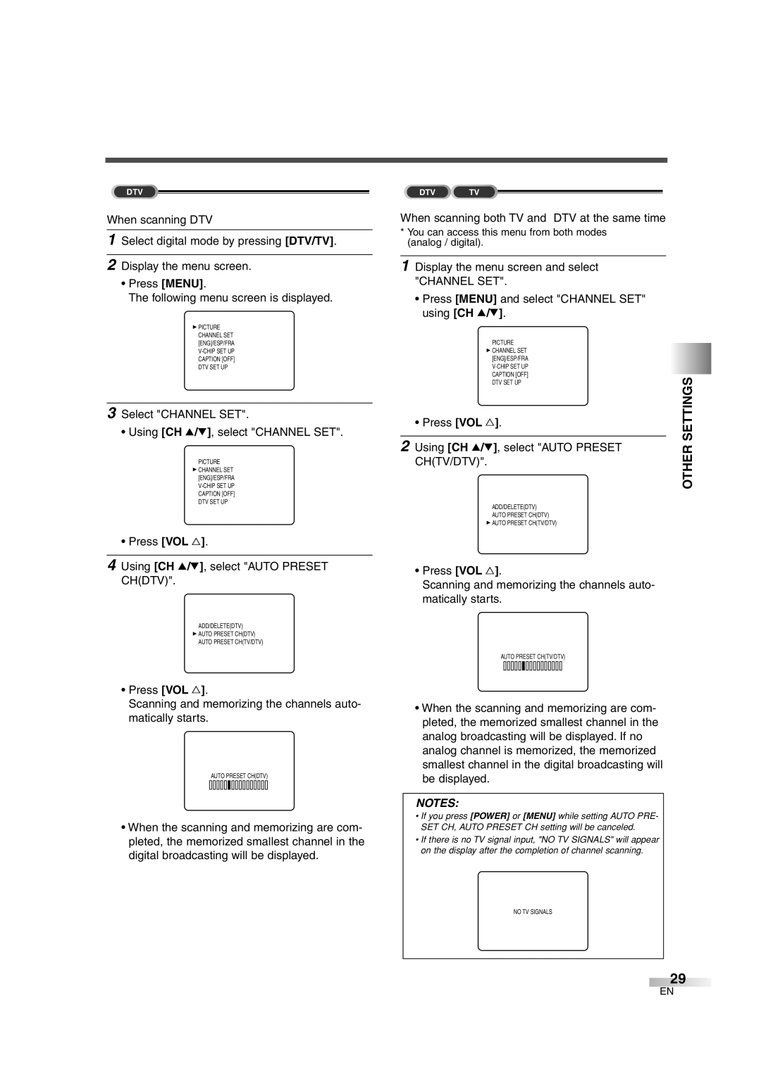 FUNAI MJ427GG manual Press VOL Using CH K/L, select Auto Preset Chdtv, When scanning both TV and DTV at the same time 