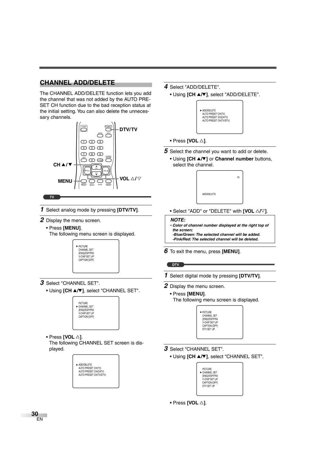 FUNAI MJ427GG manual Channel ADD/DELETE, Press VOL Following Channel SET screen is dis- played, Select ADD/DELETE Using CH 