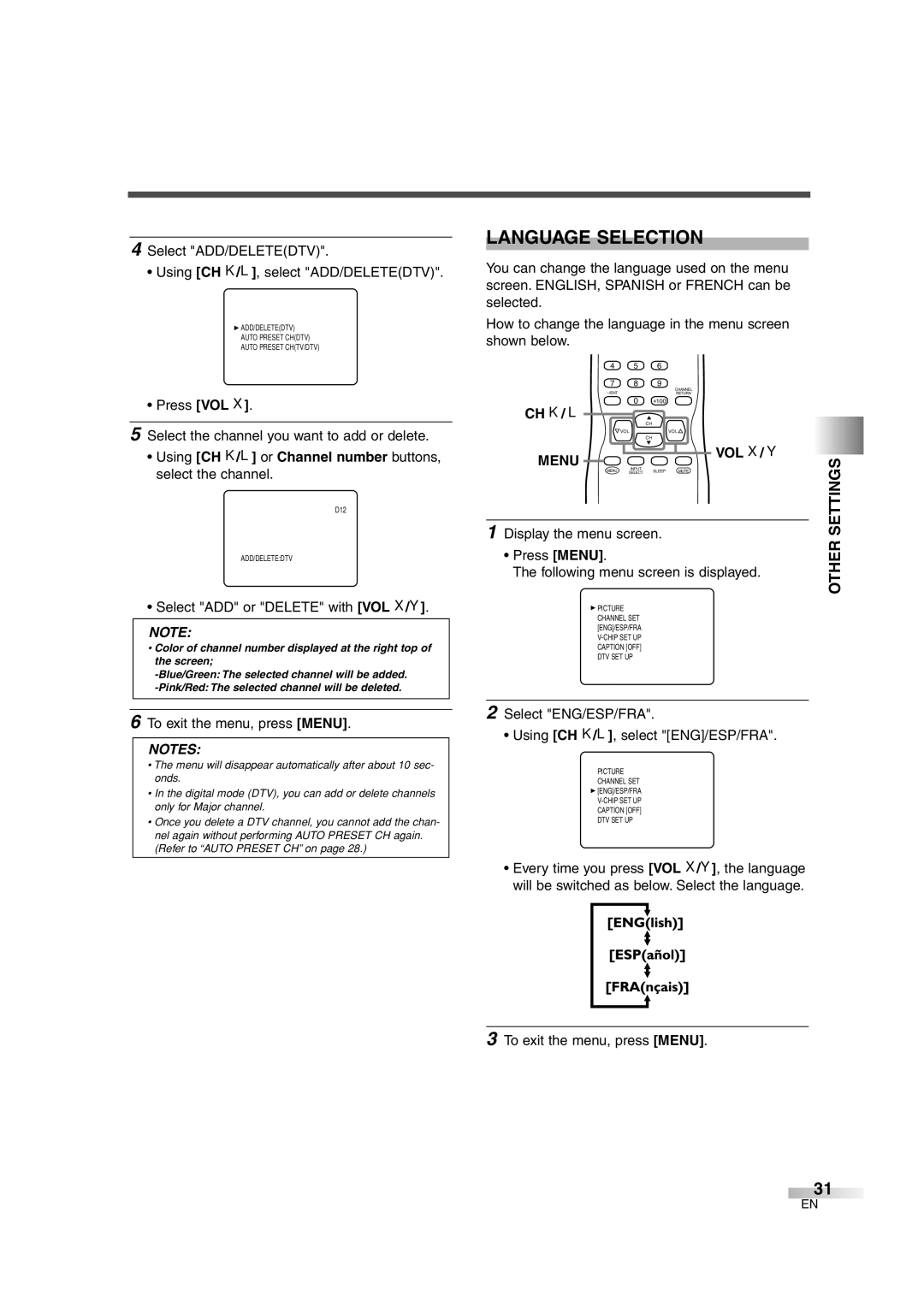 FUNAI MJ427GG manual Language Selection, Other, Using CH K/L or Channel number buttons, select the channel, Menu VOL X / Y 