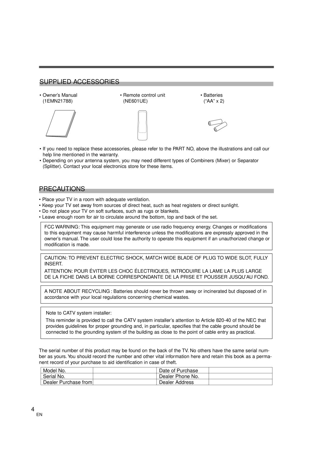 FUNAI MJ427GG manual Supplied Accessories, Precautions, Dealer Purchase from 