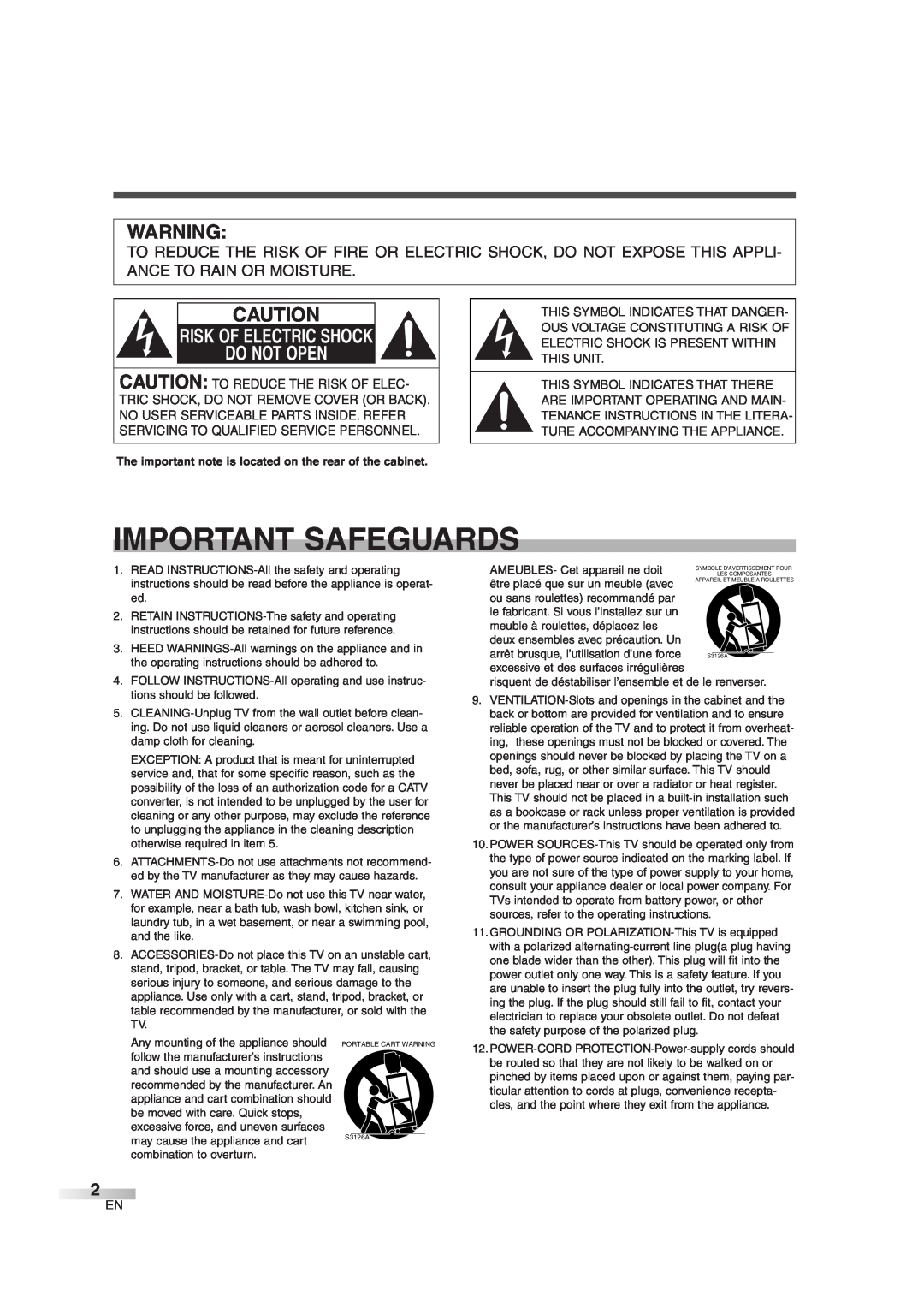 FUNAI MJ427GG manual Important Safeguards, Risk Of Electric Shock Do Not Open 