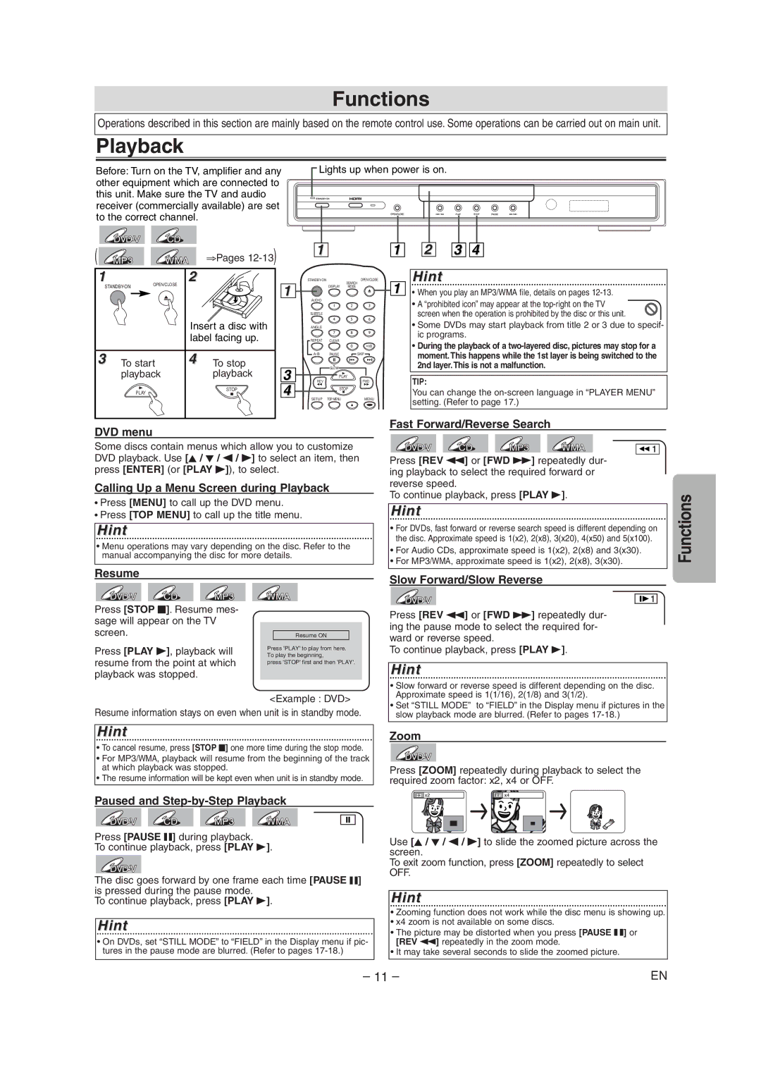 FUNAI MSD1005 owner manual Functions, Playback 