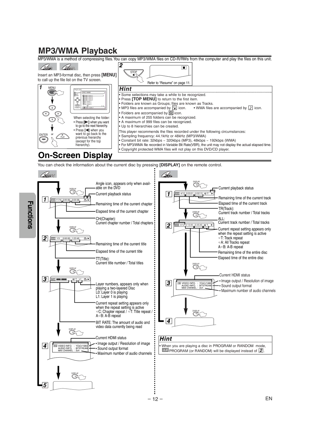 FUNAI MSD1005 owner manual MP3/WMA Playback, On-Screen Display 