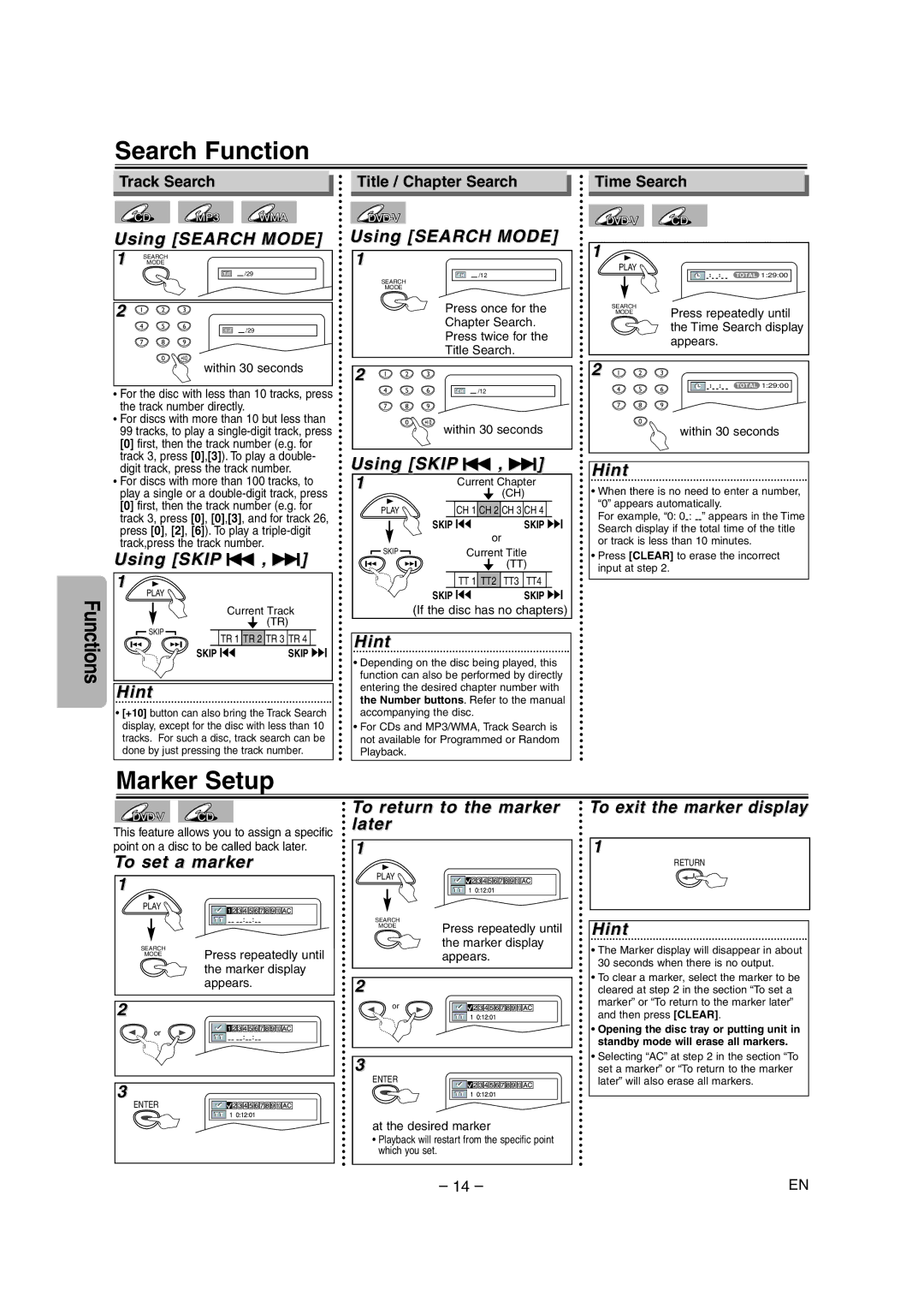 FUNAI MSD1005 owner manual Search Function, Marker Setup 