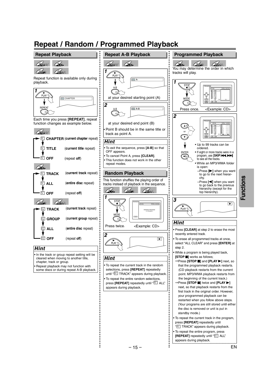 FUNAI MSD1005 owner manual Repeat / Random / Programmed Playback, Repeat Playback, Repeat A-B Playback, Random Playback 