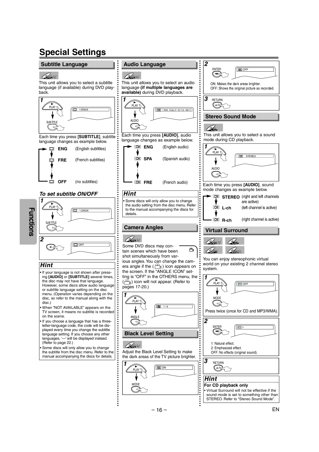 FUNAI MSD1005 owner manual Special Settings 