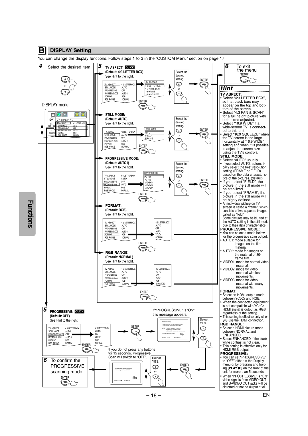 FUNAI MSD1005 owner manual Display Setting, To confirm, Scanning mode, Display menu 