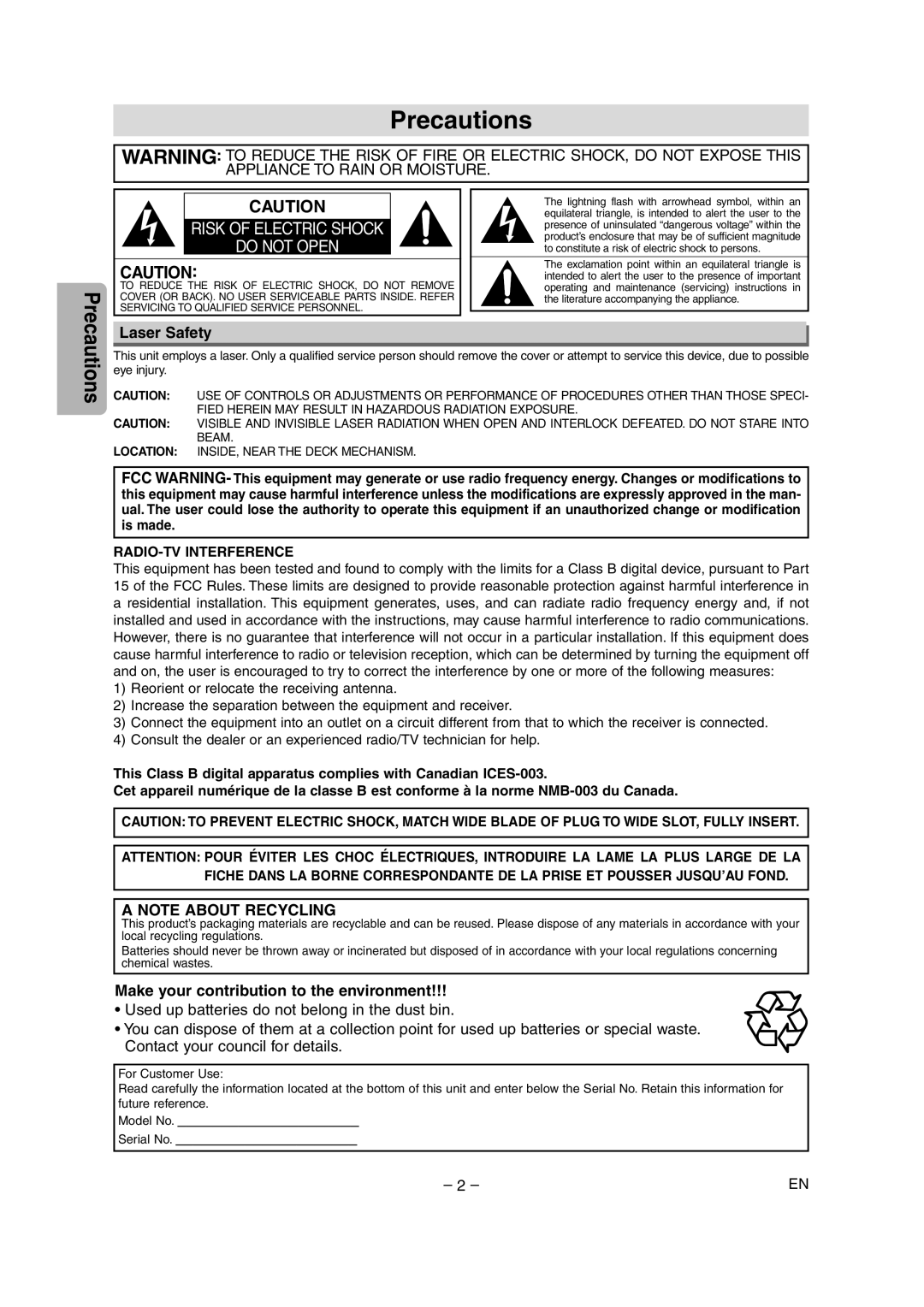 FUNAI MSD1005 owner manual Precautions, Laser Safety, Make your contribution to the environment 