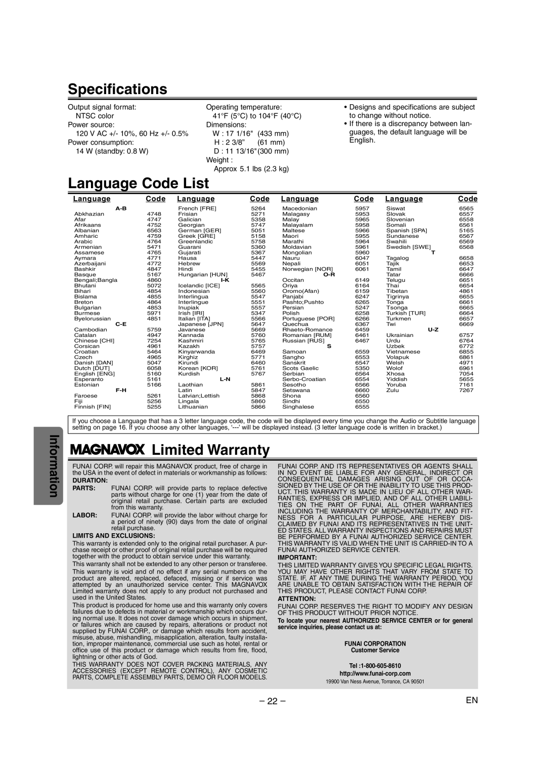 FUNAI MSD1005 owner manual Specifications, Language Code List, Limited Warranty 