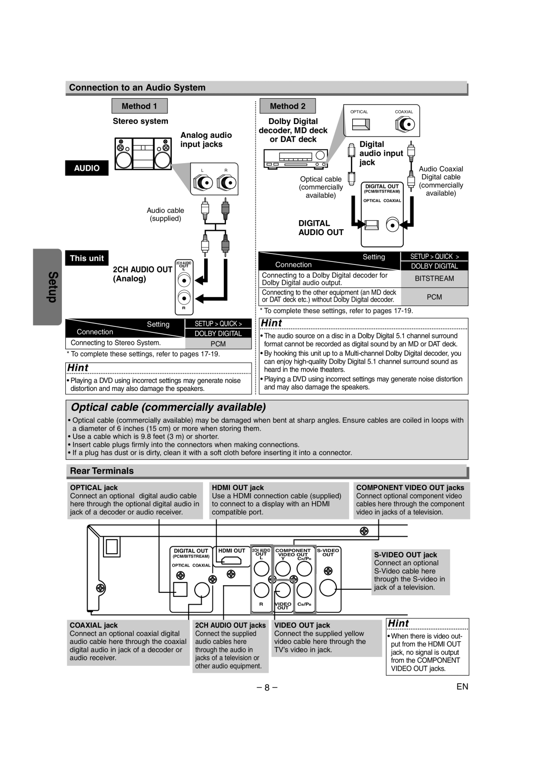 FUNAI MSD1005 owner manual Connection to an Audio System, Rear Terminals 