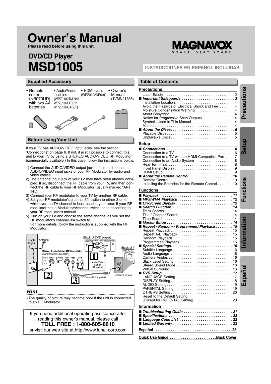 FUNAI MSD1005 owner manual Precautions, Setup, Information, Español, Toll Free, Functions, Owner’s Manual, DVD/CD Player 
