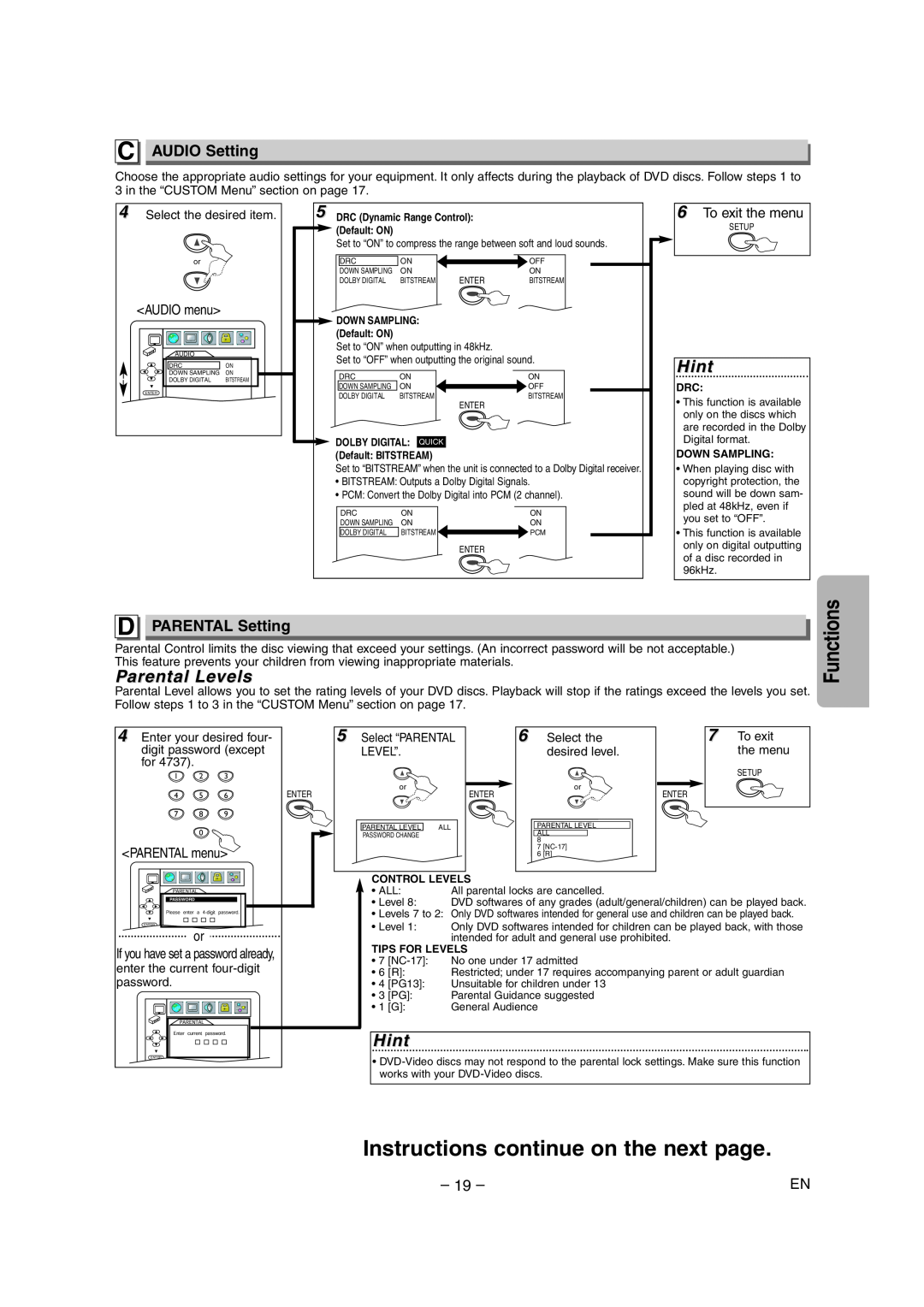 FUNAI MSD1005 owner manual Instructions continue on the next page, Functions, C AUDIO Setting, D PARENTAL Setting 