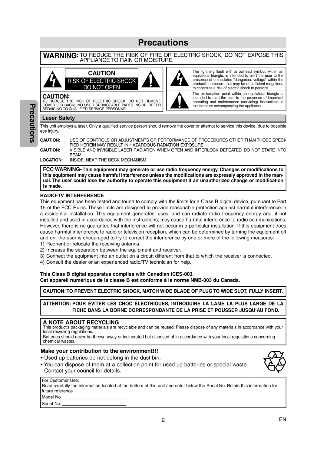 FUNAI MSD1005 Precautions, Risk Of Electric Shock Do Not Open, Laser Safety, A Note About Recycling, Radio-Tv Interference 