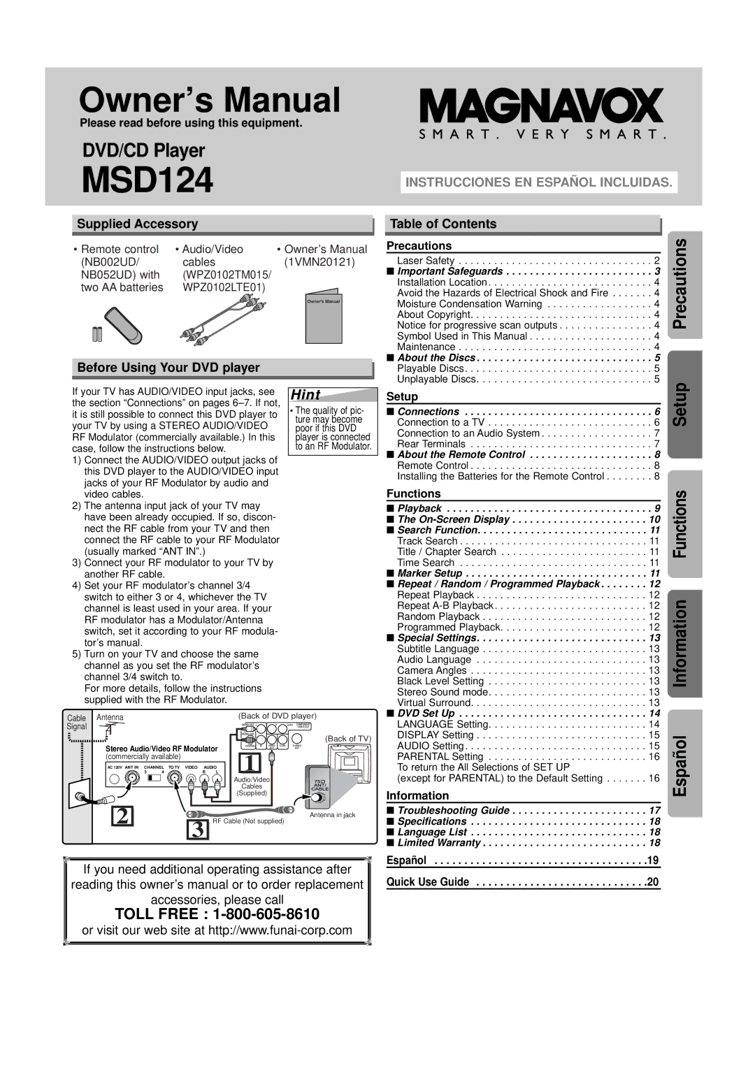 FUNAI MSD124 owner manual Hint, Supplied Accessory, Table of Contents, Before Using Your DVD player 