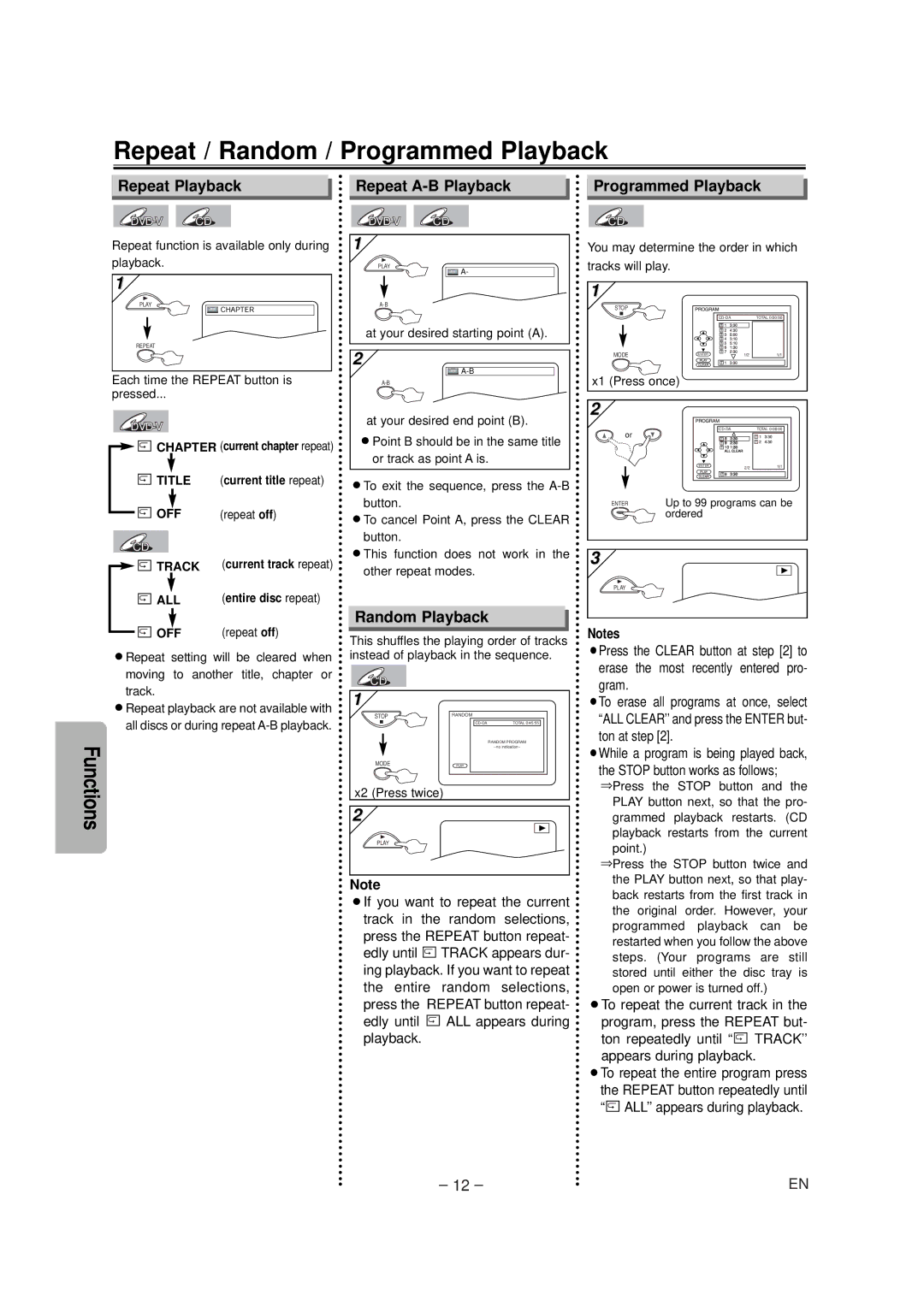 FUNAI MSD124 owner manual Repeat / Random / Programmed Playback, Repeat Playback Repeat A-B Playback, Random Playback 