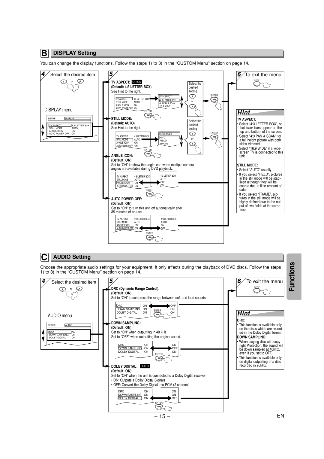 FUNAI MSD124 owner manual Display Setting, Audio Setting 