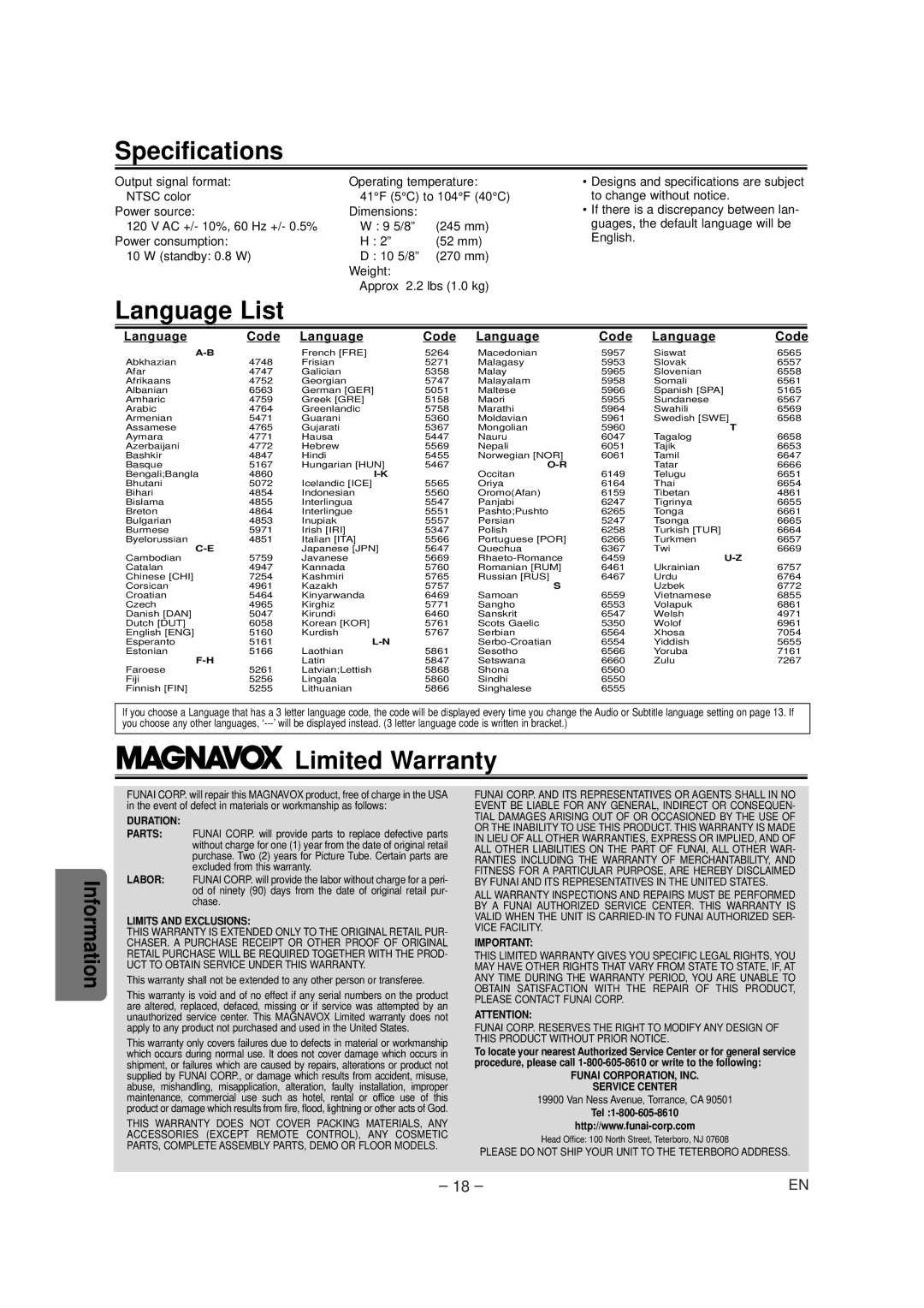 FUNAI MSD124 owner manual Specifications, Language List, Limited Warranty, Language Code 