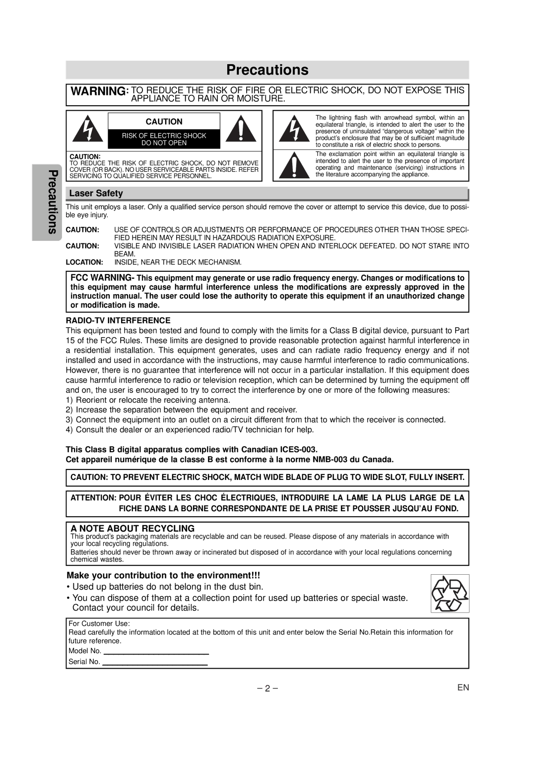 FUNAI MSD124 owner manual Precautions, Laser Safety, Make your contribution to the environment, RADIO-TV Interference 