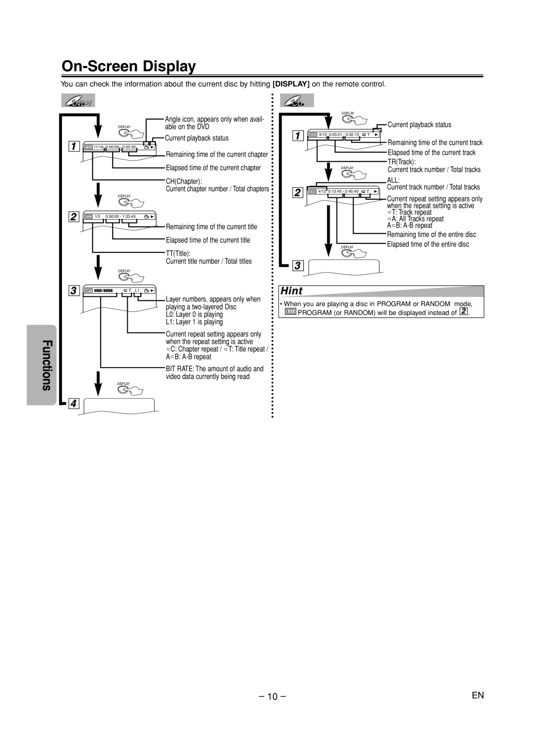 FUNAI MSD125 owner manual On-Screen Display 