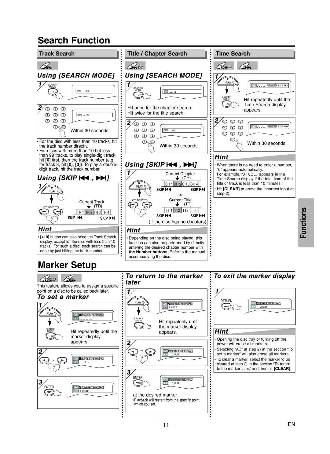 FUNAI MSD125 owner manual Search Function, Marker Setup 