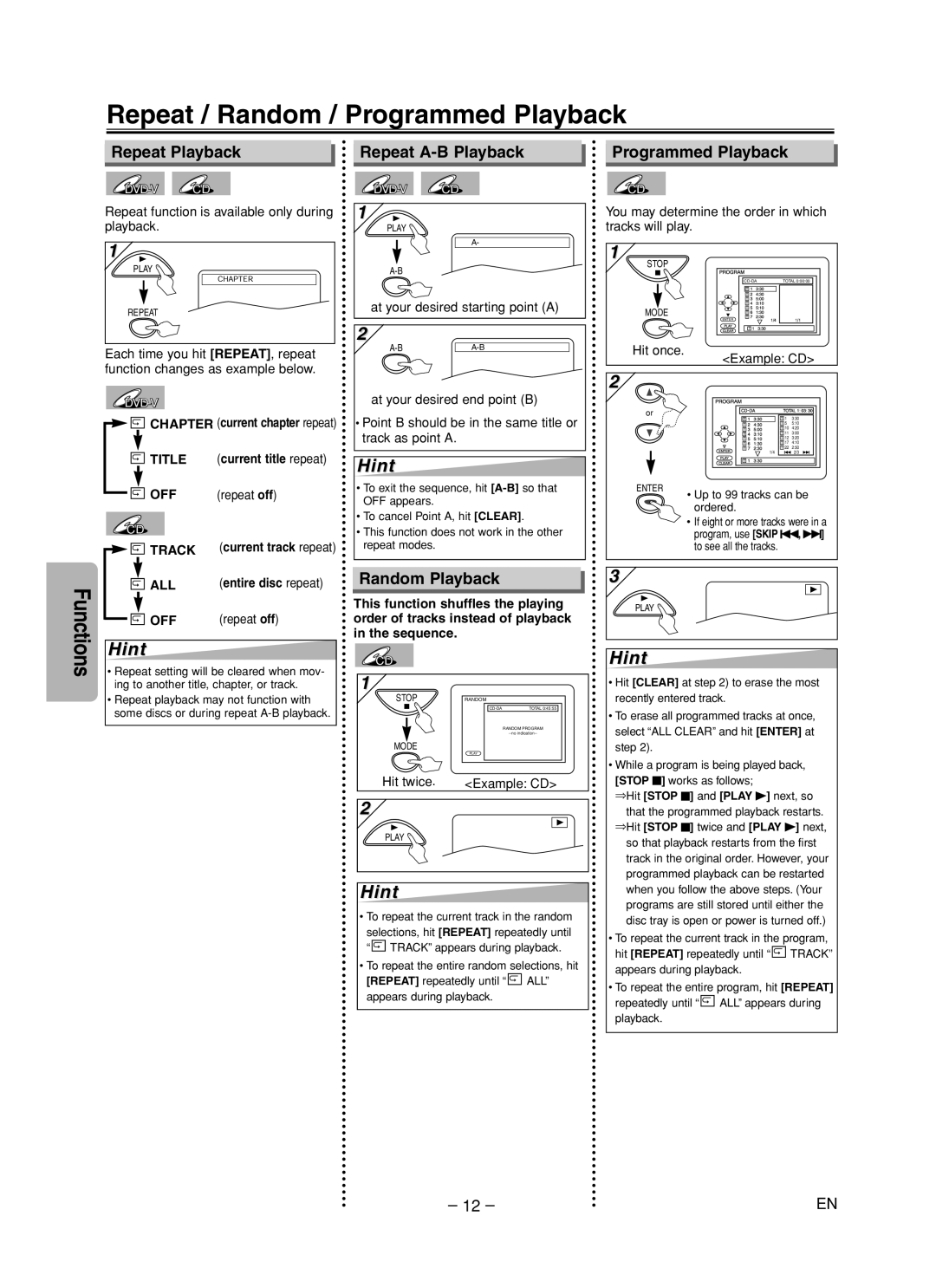 FUNAI MSD125 Repeat / Random / Programmed Playback, Repeat Playback Repeat A-B Playback, Random Playback, Repeat off 